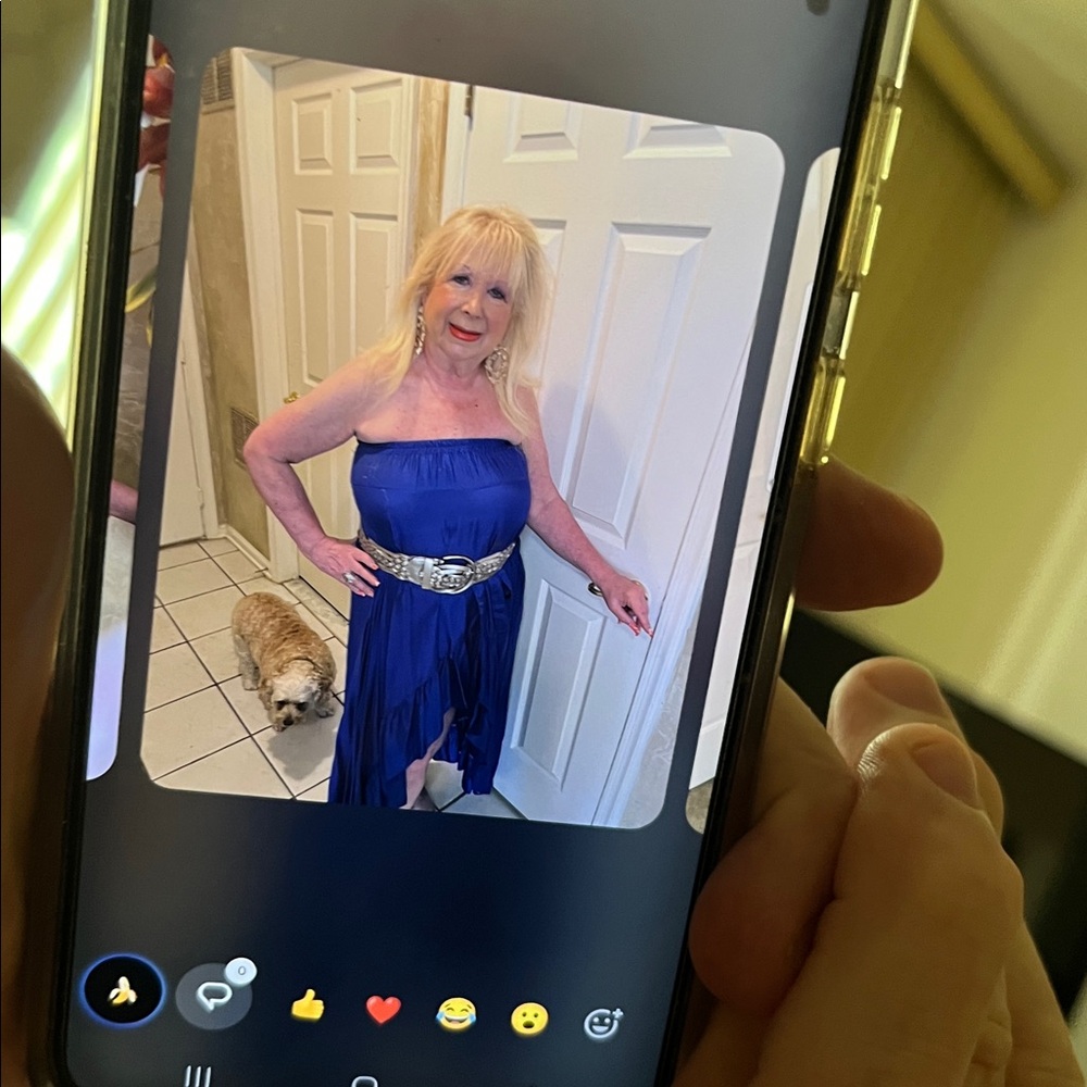 Pretty blue strapless maxi dress, high low hem